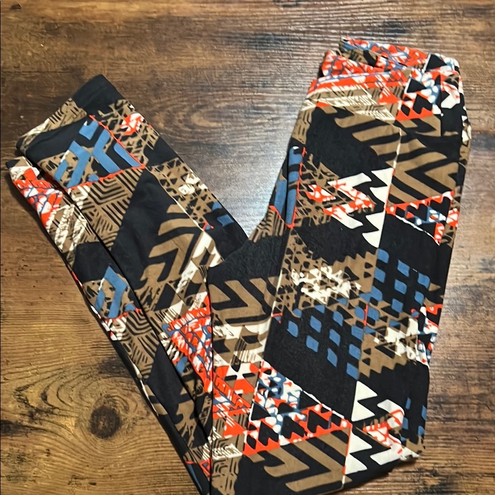 LuLaRoe Black and Brown Leggings with Geometric Pattern